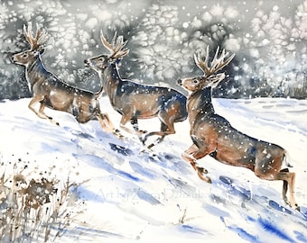 Mule Deer on the Run Wall Art Print Running Deer Watercolor Painting Buck Stag Wildlife Animals Winter Nature Woods Snow Antlers Christmas