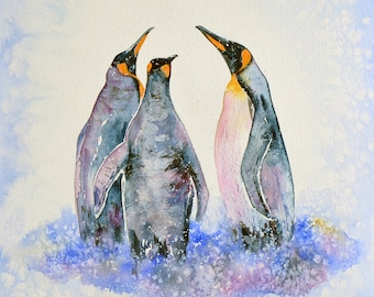 Pingüinos, pintura original en acuarela, arte de pared, pingüinos rey, pájaros, nieve, invierno, naturaleza, vida silvestre, guardería, habitación de bebé, decoración, pájaros acuáticos