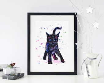 Black Splatter Kitten Art Print Cats Feline Portrait Watercolor Black Cat Painting Le Chat Noir Witchy Decor Spooky Cat Lover Art Halloween