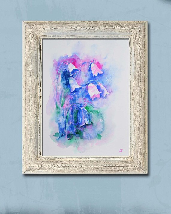 カラフルなベルフラワー オリジナル水彩画 白いカンパニュラの花 繊細