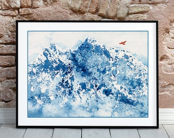 Red Plane Over Snowy Mountains Original Watercolor Painting on Paper Alaska Christmas Aviation Mountain Landscape Plane Sky Wall Art Decor