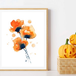 Oranje Klaprozen Art Print Poppy Bloemen Abstract Aquarel Schilderij Bloemen Oranje en Zwart Wall Art Aziatische Poppy Botanische Tuin NatuurKunst