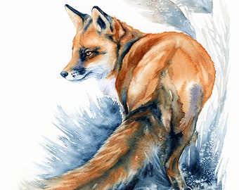 Fox in the Reeds Wall Art Print Wildlife Animals Red Fox Watercolor Painting Orange and Blue Kids Room Baby Nursery Decor For Animals Lovers