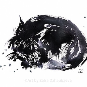 Schnauzer Sleeping Dog Wall Art Print Mittelschnauzer Riesenschnauzer Zwergschnauzer Black and White Ink Drawing Dog Mom Dad Parents Gifts