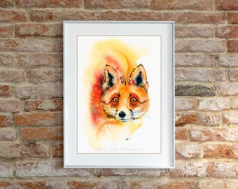 Puede incluir: Una pintura de acuarela de un zorro rojo con un fondo amarillo y naranja. El zorro está mirando directamente al espectador con la boca cerrada. La pintura está enmarcada en un marco blanco.