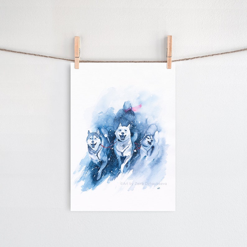 Sled Dogs Print Siberian Husky Mush Mushing Musher Dog Sport Samoyed Alaskan Malamute Chinook Watercolor Art Arctic Nunavut Winter Racing image 2