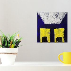 Chat bleu rigolo coloré aux yeux jaunes, peinture acrylique originale sur panneau de bois, petit carré abstrait de 20 x 20 cm, art mural félin, art amoureux des chats