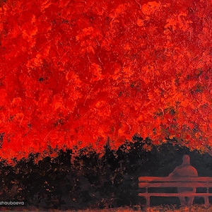 Red Abstract Flamboyant Tree Original Acrylic Painting on Canvas Puerto Rico Wall Art Decor Man Bench Borinquen Nostalgic Caribbean Nature