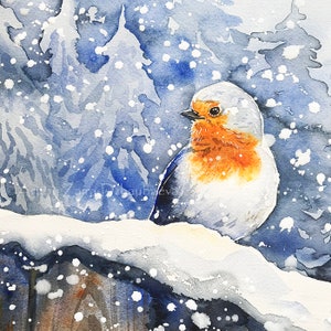 Christmas Robin Wall Art Print Redbreast Robin Bird Watercolor Robin Bird in Snow Winter Woods Forest Fence Snow Snowy Trees Cure Robin Bird