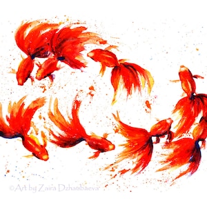 Eight Dancing Goldfish - fine art print - fish art, red fish, lucky fish, feng shui art, watercolor fish, harmony, relaxing art, splash art