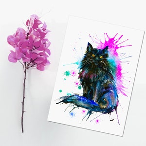 Black Cat Colorful Watercolor Splatter Art Print Cats Feline Portrait Black Cat Painting Le Chat Noir Witchy Decor Spooky Black Cat Lover