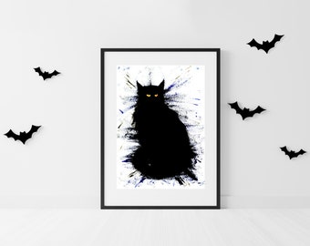 Black Cat Art Print Black Cats Feline Black Cat Painting Le Chat Noir Witchy Decor Spooky Cat Lover Art Gifts Fluffy Black Cat Halloween Cat