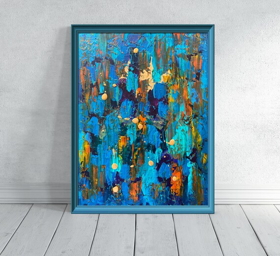 Colorful Original Abstract Acrylic Painting Teal Blue Orange Gold