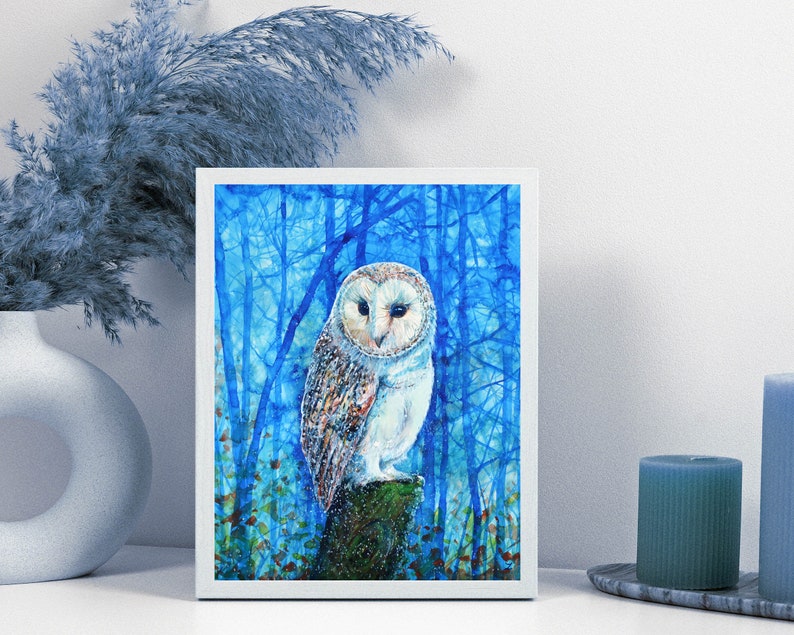 Barn Owl Wall Art Print Birds of Prey Owls Blue Woods Trees Watercolor ...