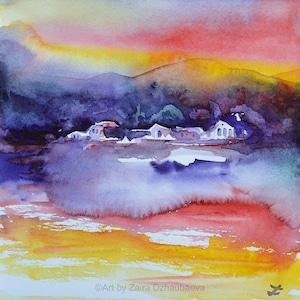 Boerderijen Originele Aquarel Schilderij Klein Kleurrijk Landschap Abstracte Huizen Oranje Paarse Bergen Natuur Zonsondergang Winter Miniatuur Kunst