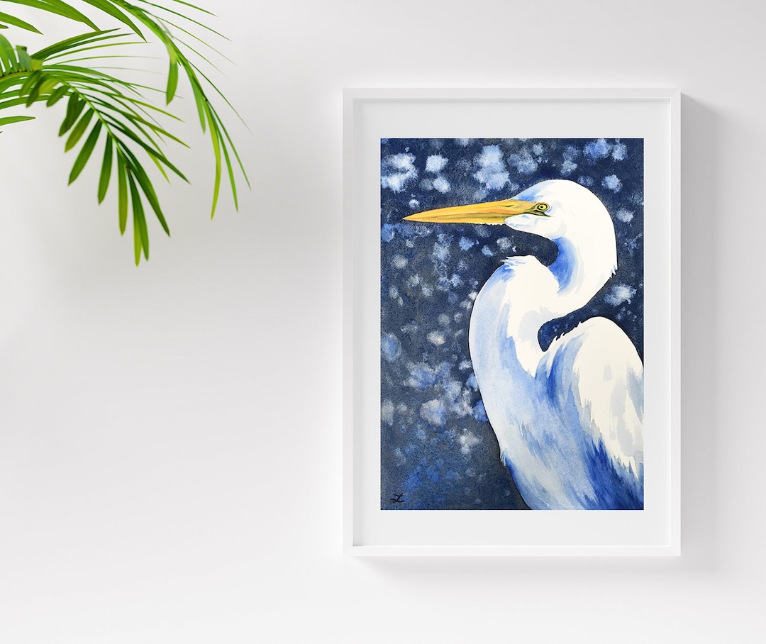 White Egret Wall Art Print Watercolor Egret Painting Great White Egret ...