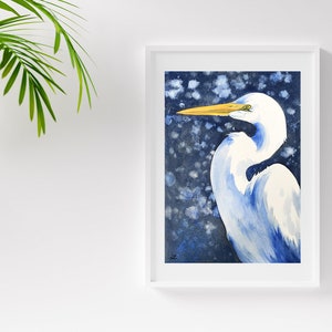 White Egret Wall Art Print Watercolor Egret Painting Great White Egret Shore Birds Wildlife Bird Coastal Home Decor Blue Winter Bird Snow