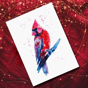 Weihnachten Kardinal 15 x 17" Kunstdruck Nordkardinal Winter Kardinal Vogel Roter Vogel Festlicher Vogel Rot und Blau Dekor Aquarell VogelKunst