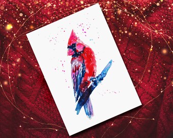 May include: Watercolor painting of a red cardinal perched on a branch. The bird is painted in shades of red, blue, and pink, with white splatters of paint in the background.