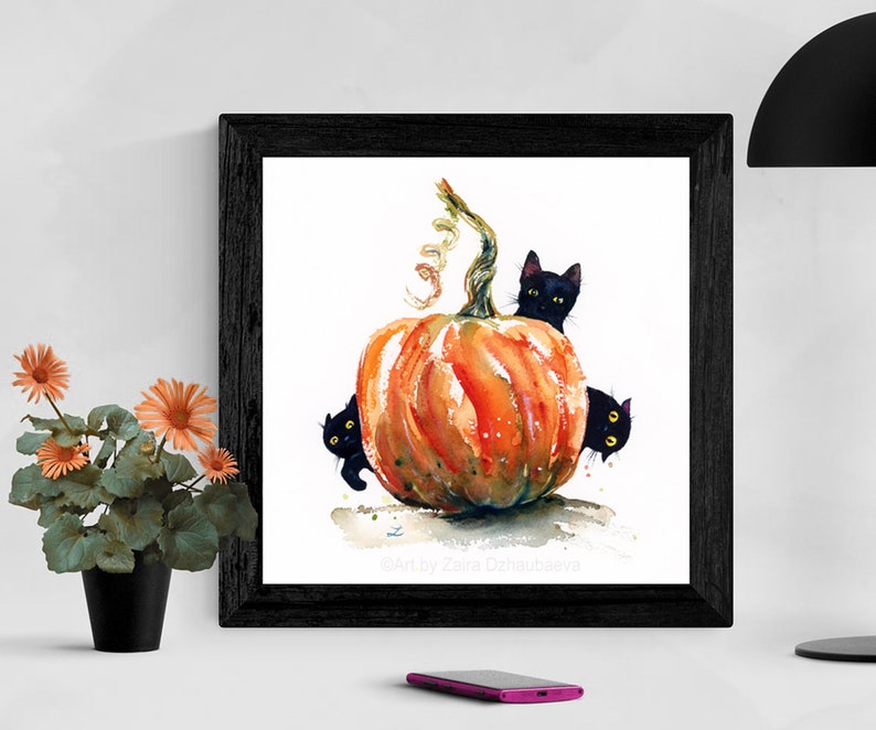 Three Cute Spooky Black Kittens and Pumpkin Wall Art Print Halloween ...