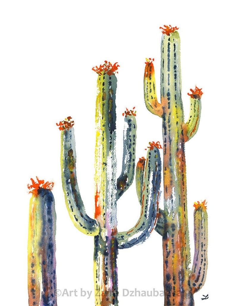 May include: Watercolor painting of a group of cacti with green, yellow, and orange hues. The cacti are tall and slender with a few branches. The painting has a white background.