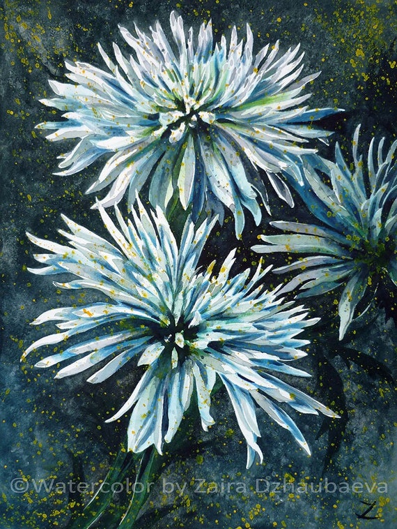 White Chrysanthemums Original Watercolor Painting Romantic Floral