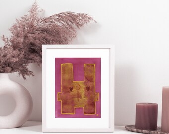 Abstract Romantic Gold Magenta Rabbit Original Watercolor Painting Kids Room Bunny Wall Art Decor Colorful Pets Animals Art Gifts Wildlife