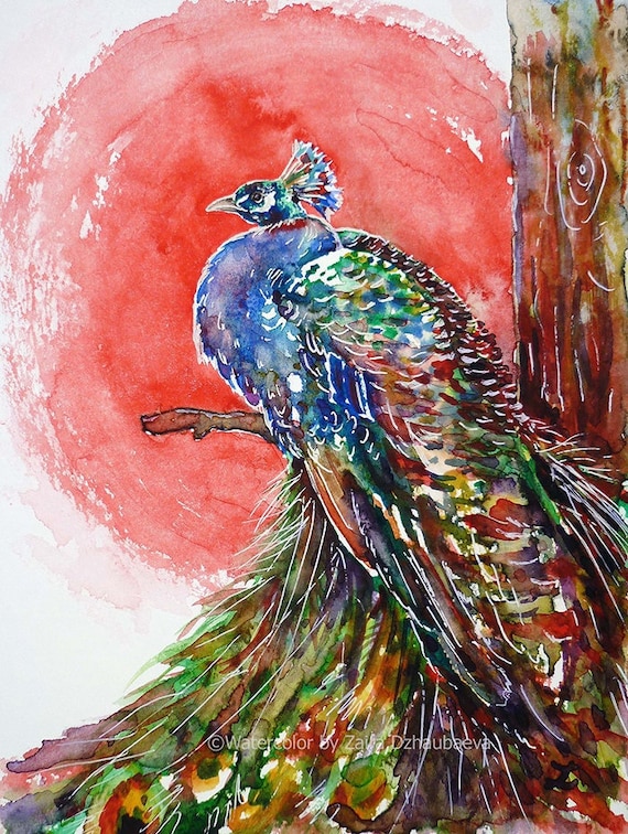 カラフルな孔雀のオリジナル水彩画 孔雀の木 エキゾチックな鳥