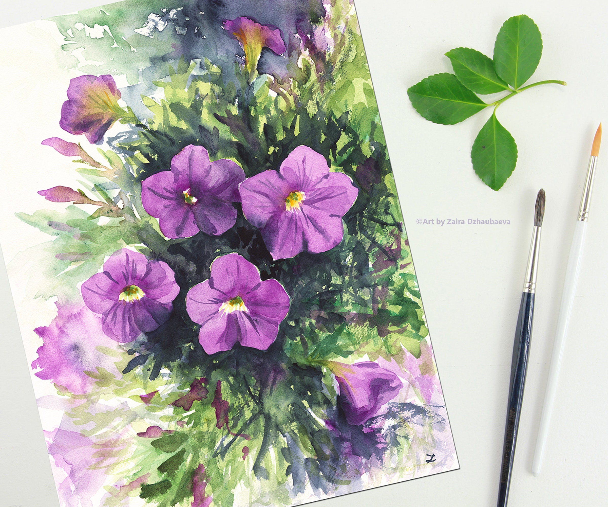 紫のペチュニア オリジナル水彩画 紙に描いた花の壁アート ペチュニア