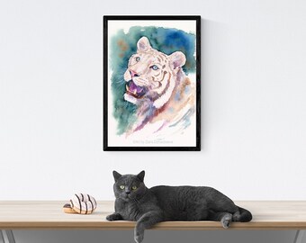 ホワイトタイガー オリジナル水彩画 大型ネコ科動物 漂白されたトラ