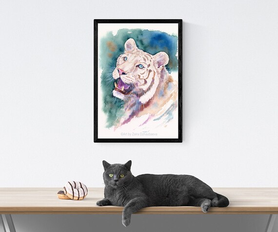 ホワイトタイガー オリジナル水彩画 大型ネコ科動物 漂白されたトラ