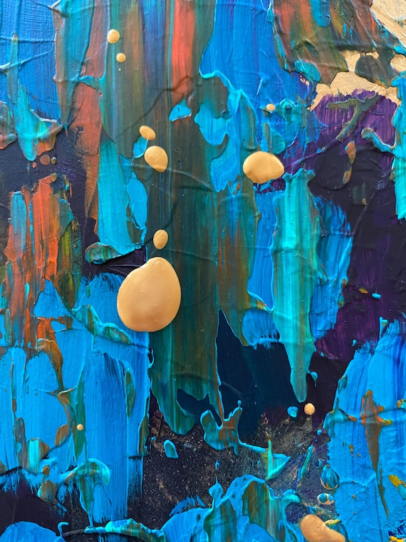 Colorful Original Abstract Acrylic Painting Teal Blue Orange Gold