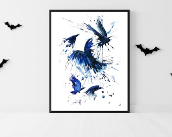 Mob of Crows Art Print Crow Watercolor Painting Halloween Birds Spooky Scary Flying Crows Raven Black Birds Splatter Splash Witchy Decor Art