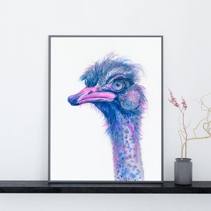 Blue-eyed Ostrich Art Print Ostrich Bird African Wildlife Birds Ostrich Watercolor Painting Pink Grey Blue Colorful Ostrich Art Nature Print