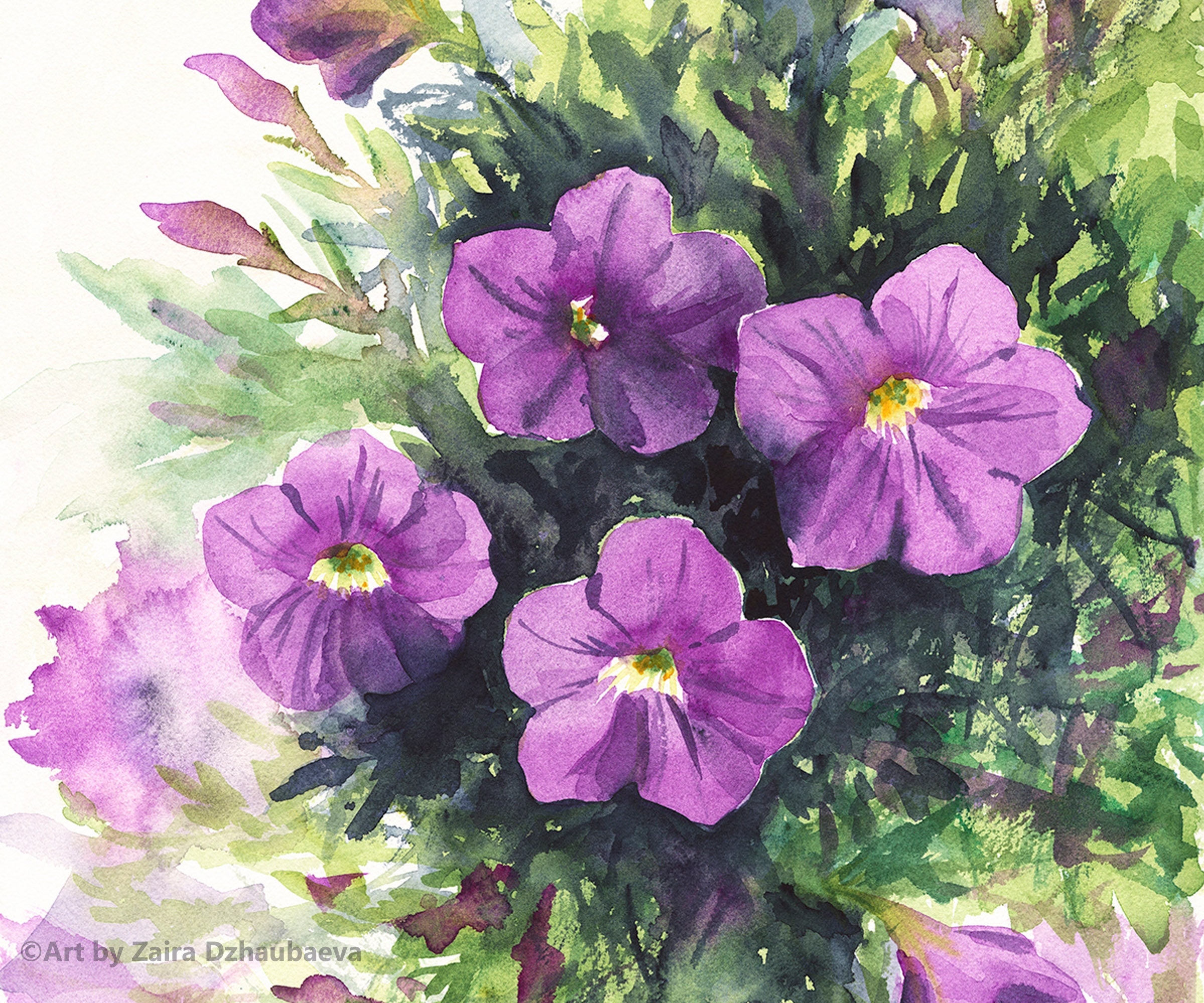紫のペチュニア オリジナル水彩画 紙に描いた花の壁アート ペチュニア