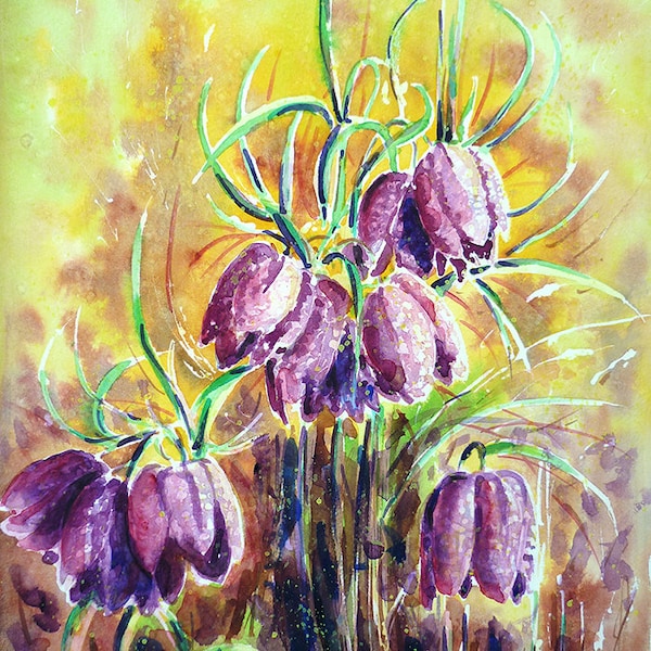 Chess Flowers Original Watercolor Painting Fritillaria Meleagris Drooping Tulips Guinea-hen Flower Leper Lily Purple Green Floral Garden Art