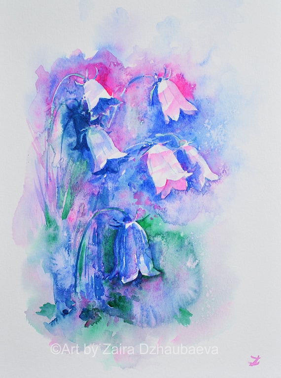 カラフルなベルフラワー オリジナル水彩画 白いカンパニュラの花 繊細