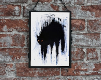 Hissing Black Cat Arched Back Black Cat Art Print Black Cats Feline Scared Cat Painting Le Chat Noir Witchy Decor Spooky Black Cat Lover