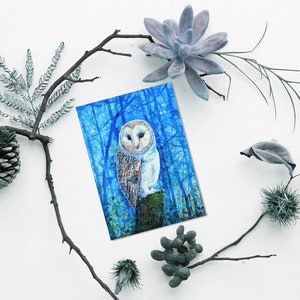 Barn Owl Wall Art Print Birds of Prey Owls Blue Woods Trees Watercolor ...