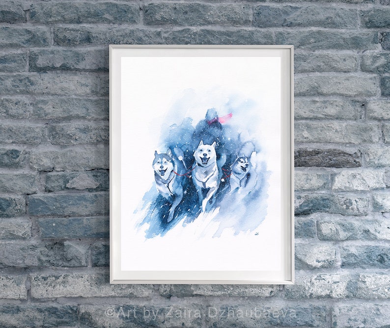 Sled Dogs Print Siberian Husky Mush Mushing Musher Dog Sport Samoyed Alaskan Malamute Chinook Watercolor Art Arctic Nunavut Winter Racing image 3