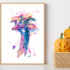 Colorful Ostrich Art Print Ostrich Watercolor Painting Wildlife Bird Wall Art Bold Colors Cute Birds Funny Ostrich Happy Colors Vibrant Art