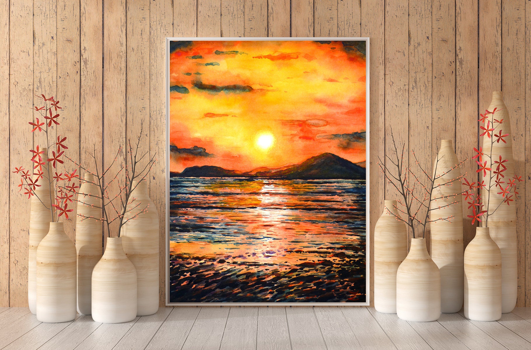 オレンジ色の夕日の壁アートプリント ビーチ 海岸 海 海洋 カラフルな
