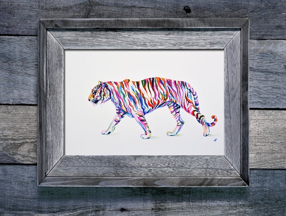カラフルな虎のオリジナル水彩画 虹色の虎の縞模様 野生動物 大きな猫