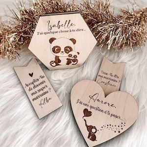 Personalized surprise request for birth announcement, witness, godmother.. ••Wood engraving