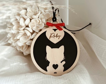 Boule de Noël chat avec prénom personnalisé et ruban en satin