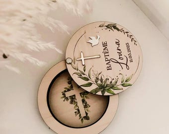 Boîte pour baptême à personnaliser avec croix doré | Boîte à bijoux pour baptême gravure personnalisé | Baptême enfant