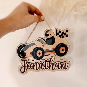 Personalized children&#39;s bedroom door sign with engraving, racing car
