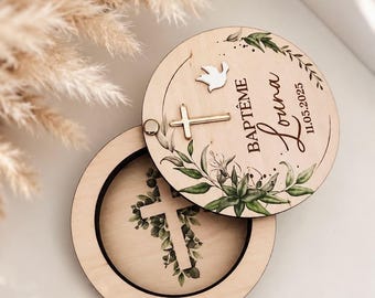 Boîte pour baptême à personnaliser avec croix doré | Boîte à bijoux pour baptême gravure personnalisé | Baptême enfant