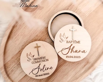 Personalized baptism or communion box with a gold, silver, or white mirrored cross