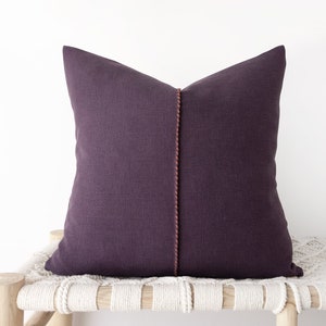 Dark purple linen decorative pillow cover with hand stitched detail - heavyweight linen cushion cover - 16", 18", 20", 22"